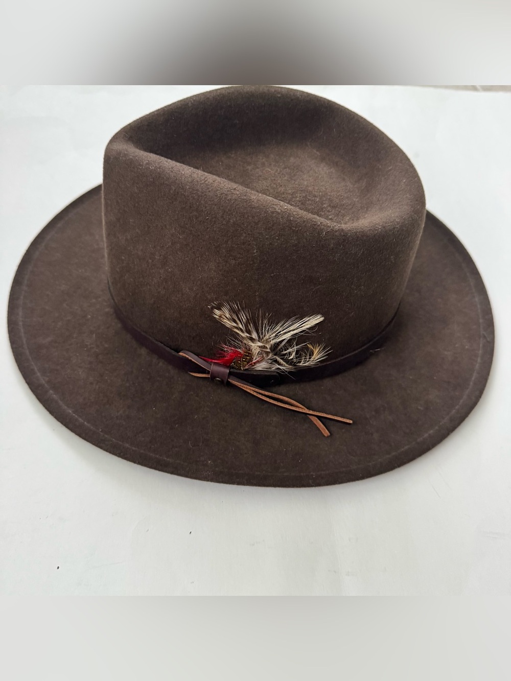 Dorfman Pacific Wool Felt Fedora Hat Mens M Brown Wide Brim Feather USA Made